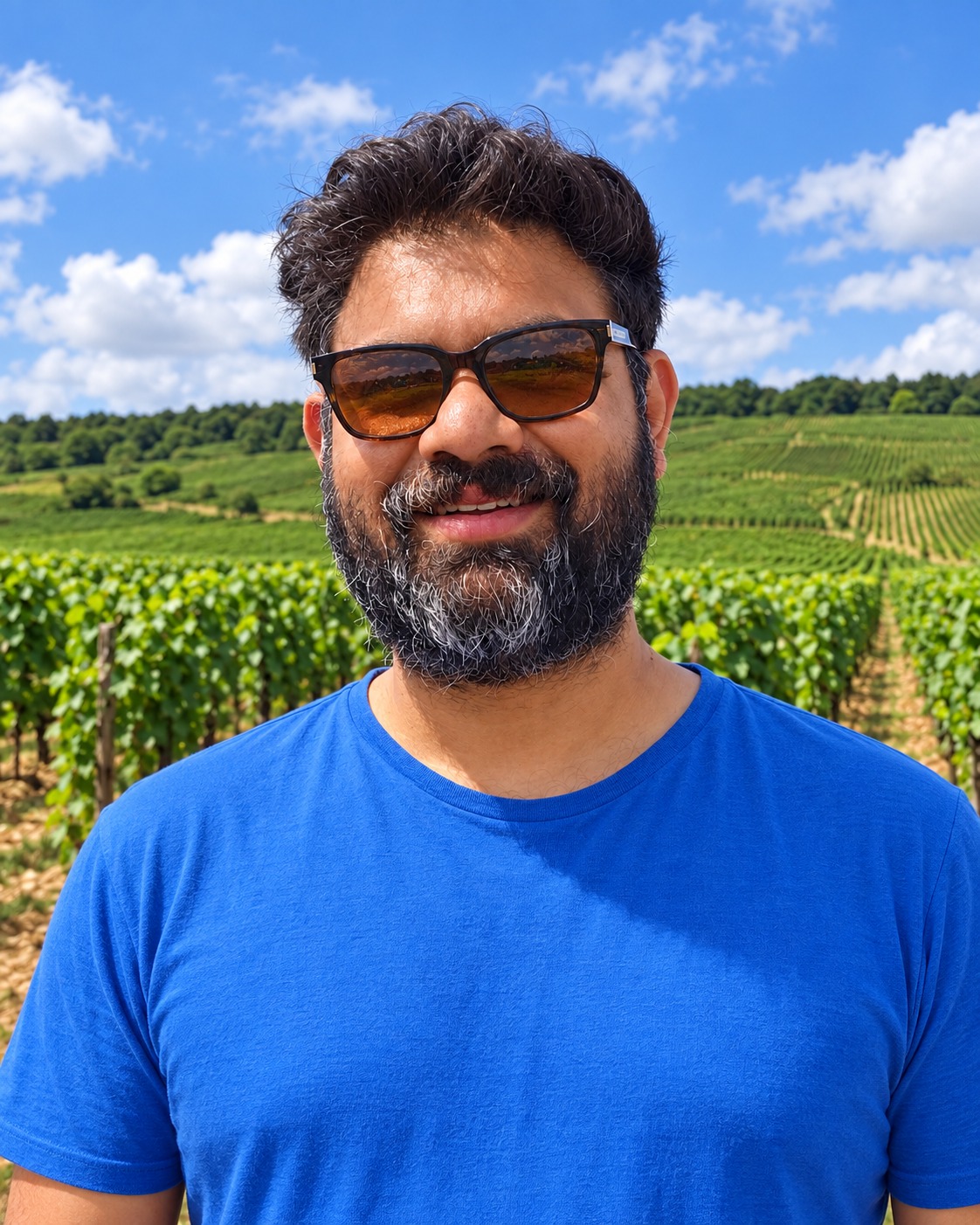 Dr Akshay Baboo standing in a vineyard